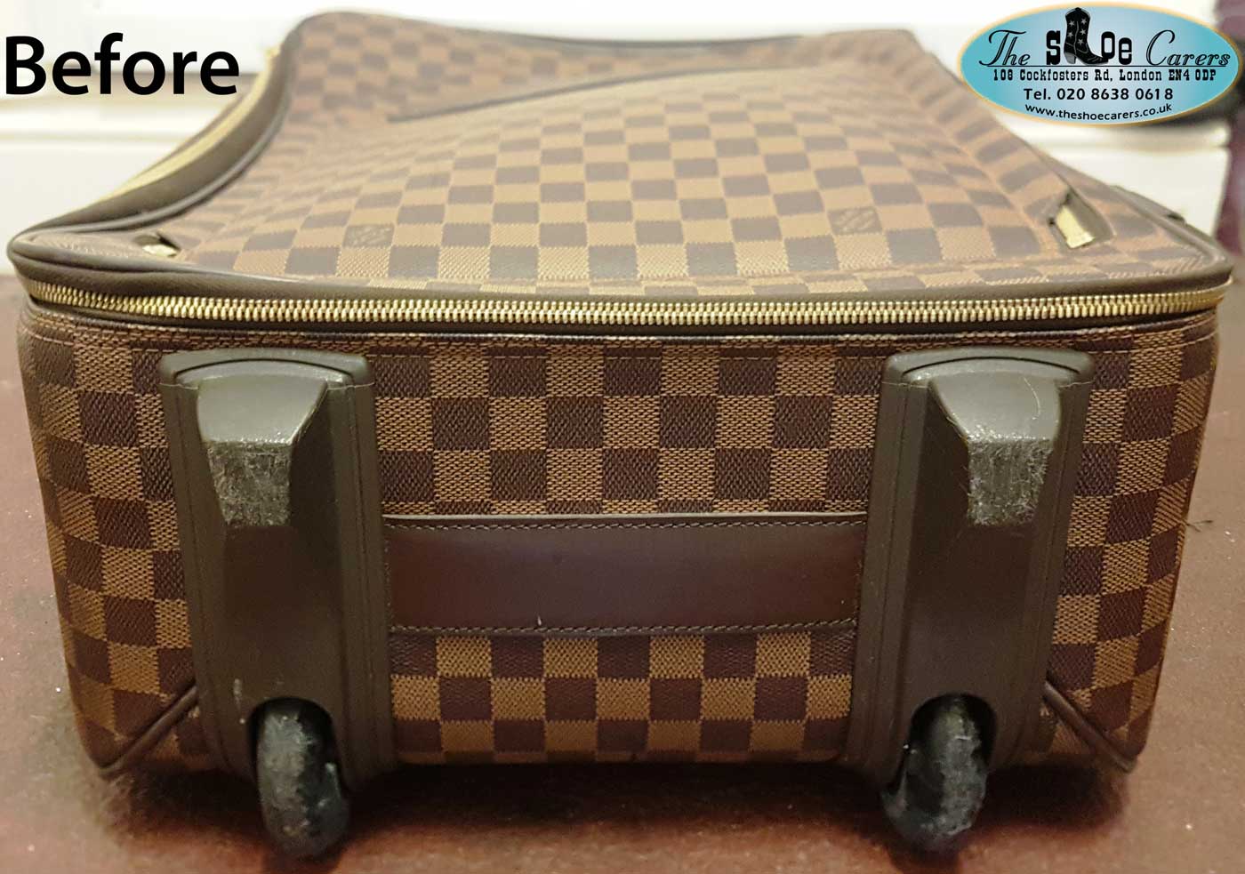 Louis Vuitton suitcase wheel re-rubbering – The Shoe Carers